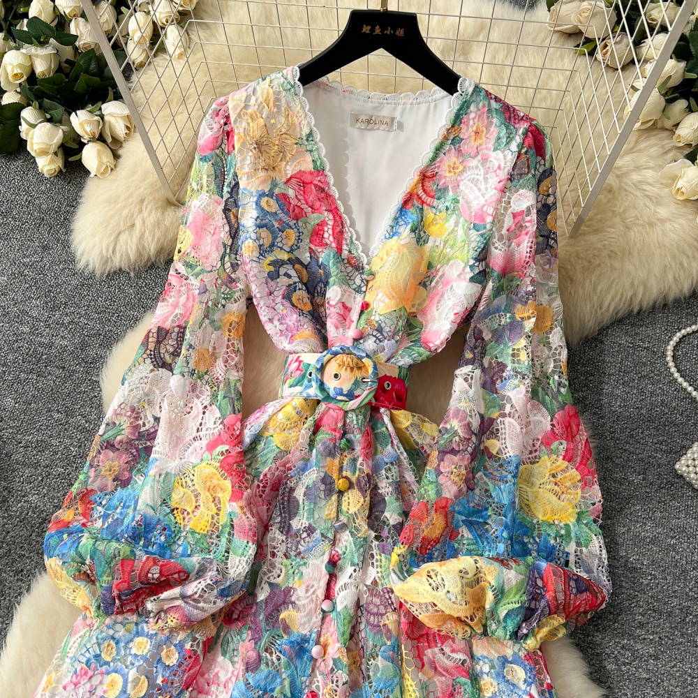 France style long dress puff sleeve dress for women