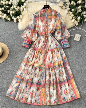 Spring elegant long dress cstand collar printing dress