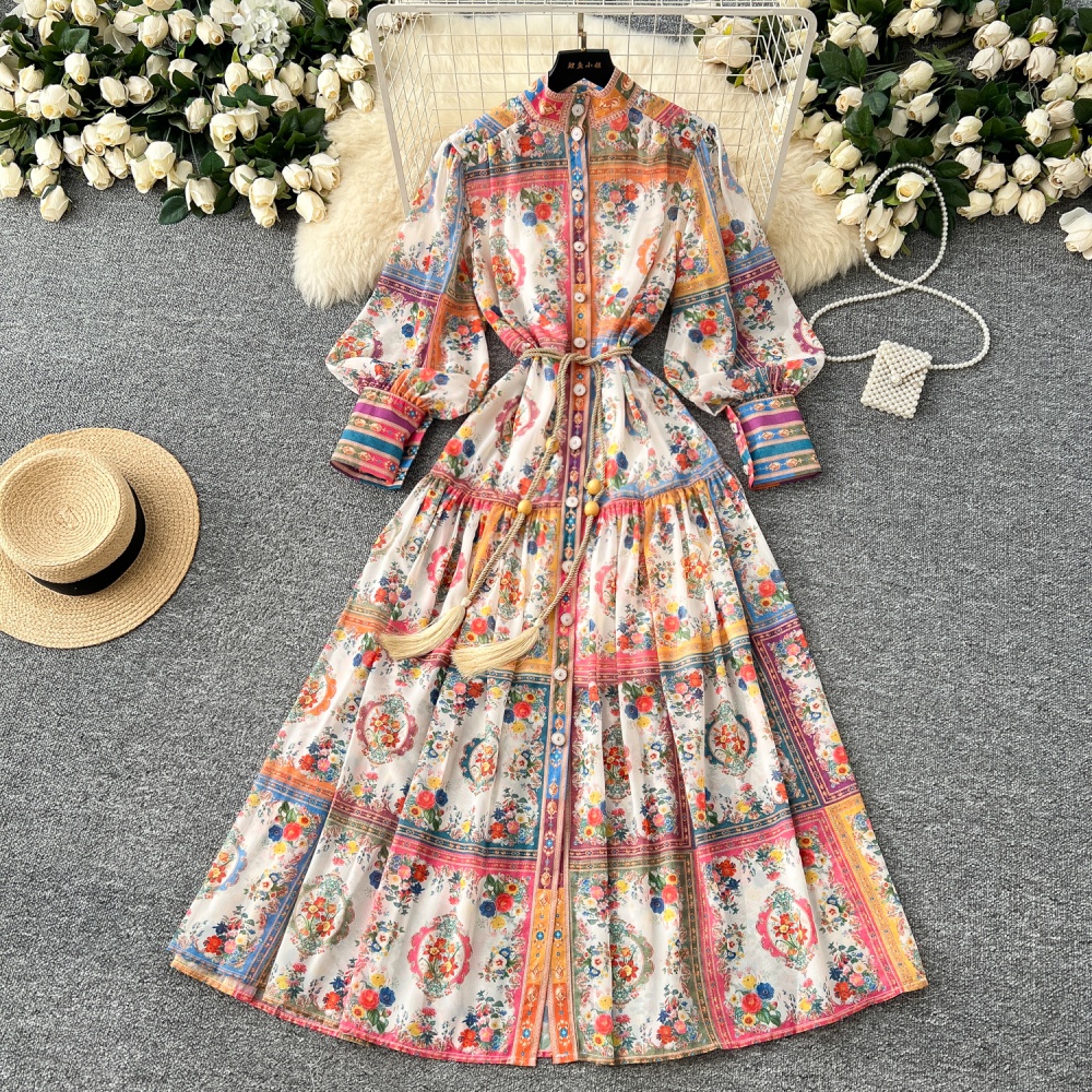 Spring elegant long dress cstand collar printing dress