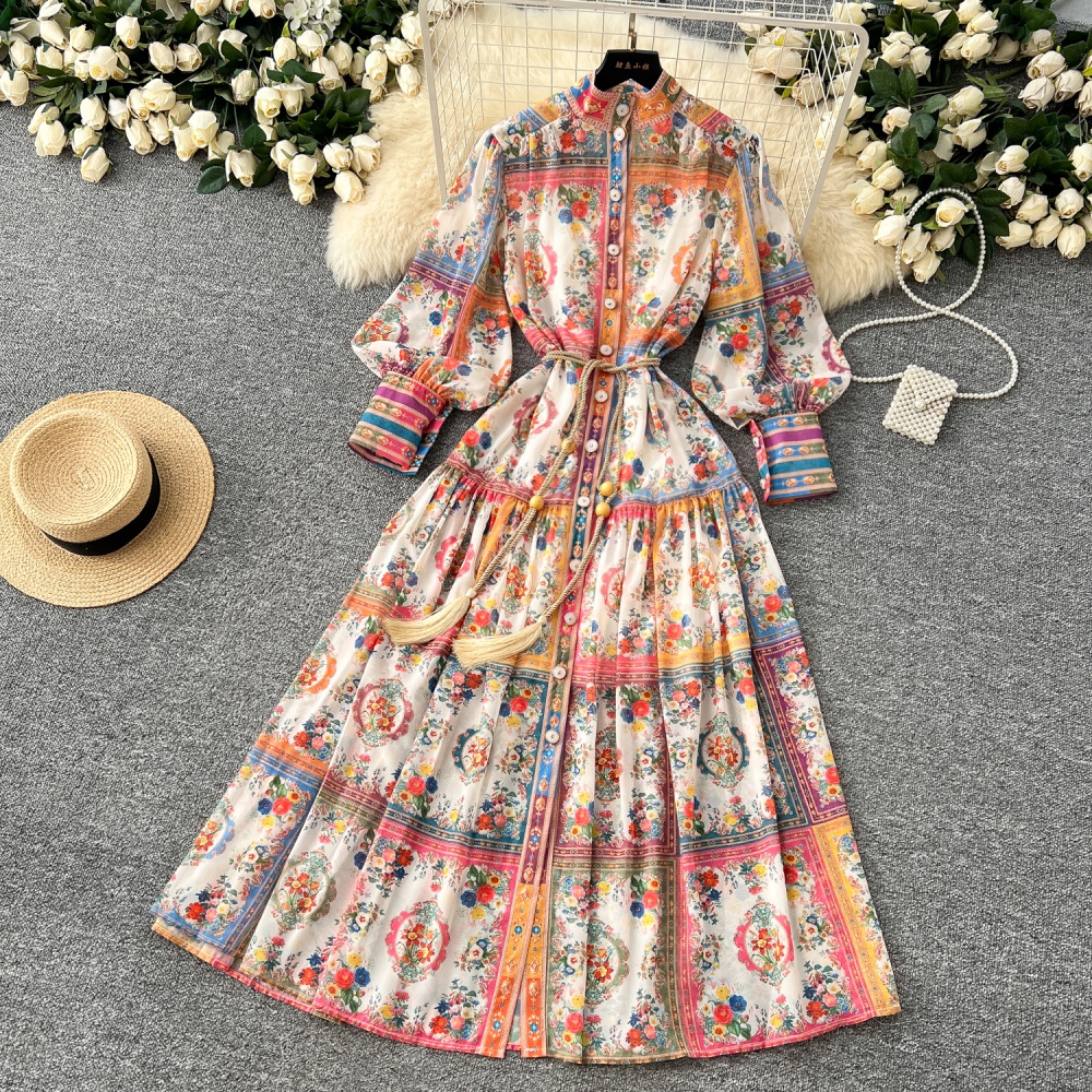 Spring elegant long dress cstand collar printing dress