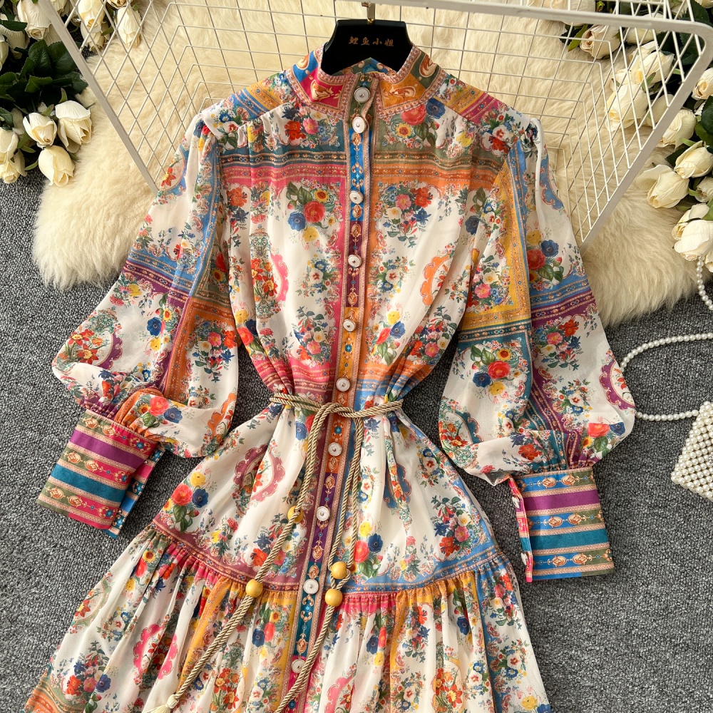 Spring elegant long dress cstand collar printing dress