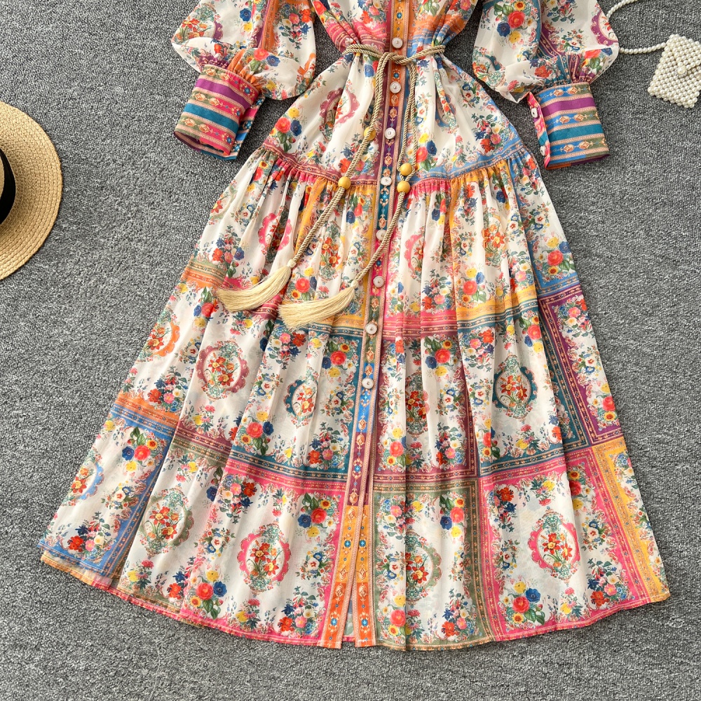 Spring elegant long dress cstand collar printing dress