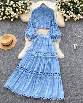 Lace court style France style skirt high waist spring tops a set