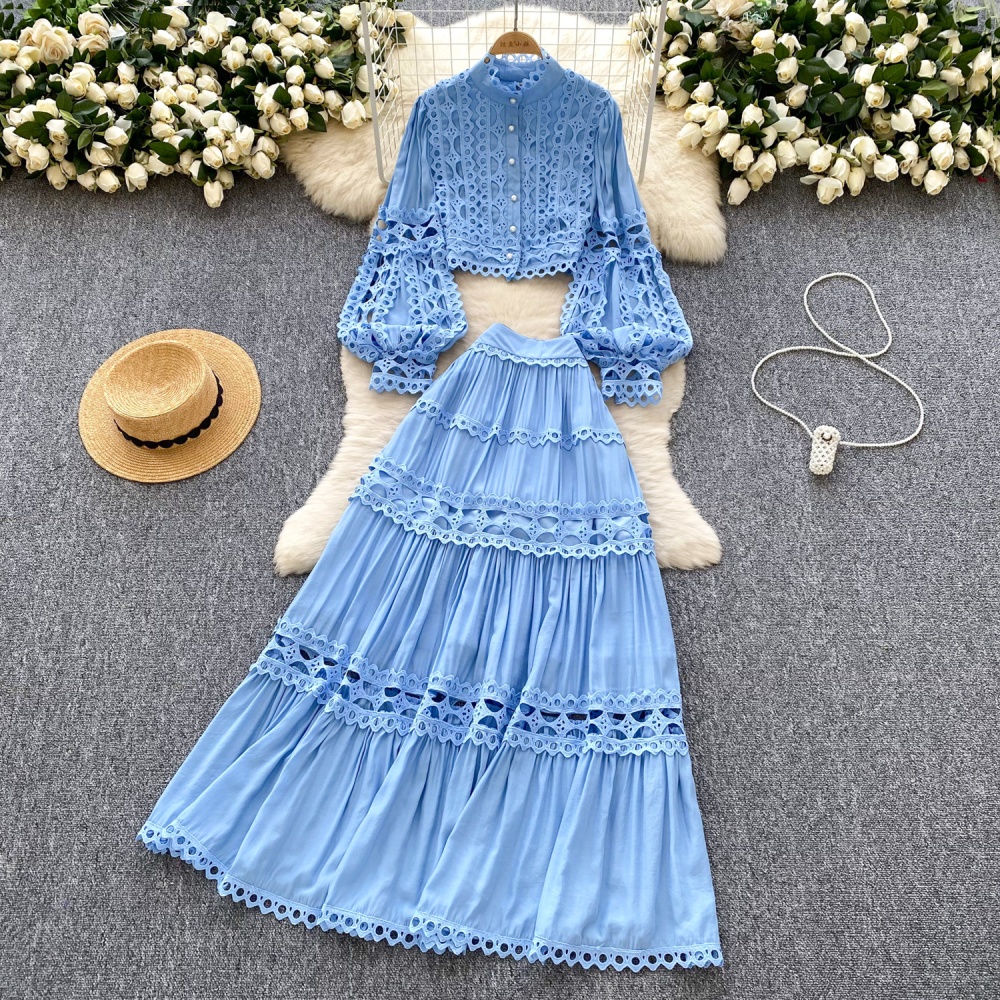 Lace court style France style skirt high waist spring tops a set