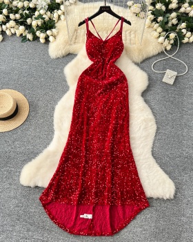 Slim sling long sequins halter hollow velvet sexy dress