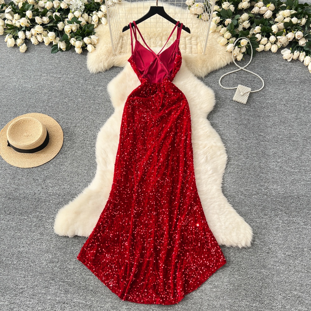 Slim sling long sequins halter hollow velvet sexy dress