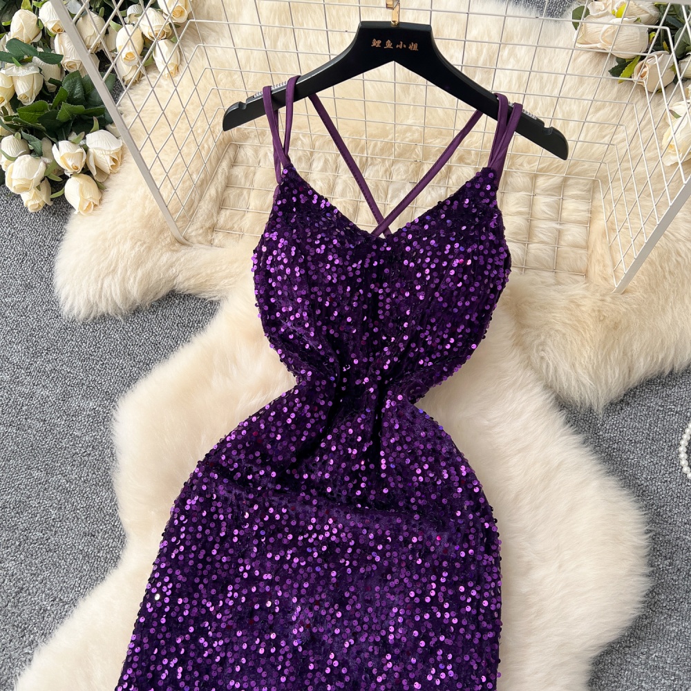 Slim sling long sequins halter hollow velvet sexy dress