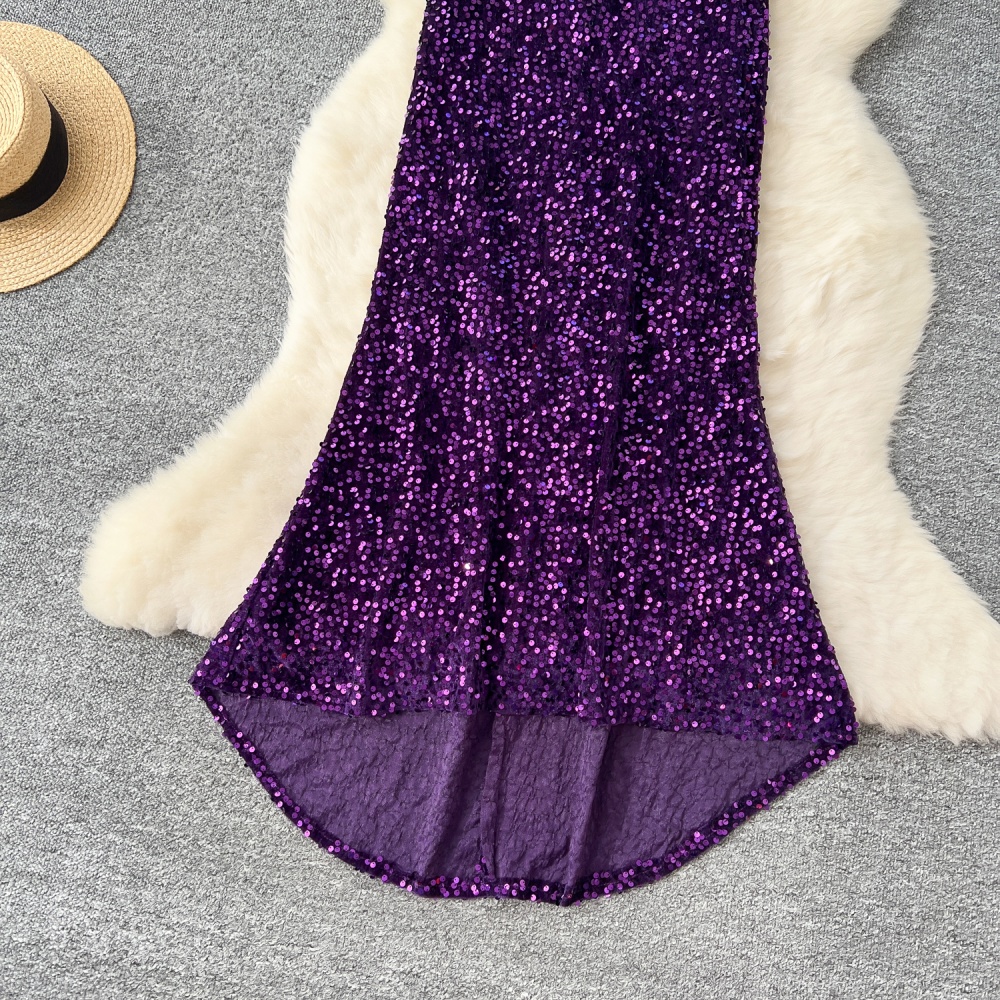 Slim sling long sequins halter hollow velvet sexy dress