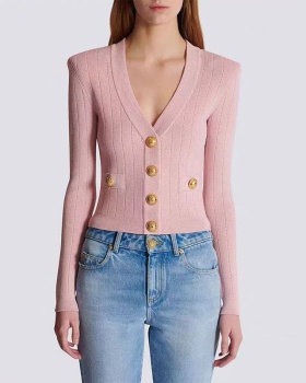 Spring and autumn knitted coat V-neck gold buckle cardigan