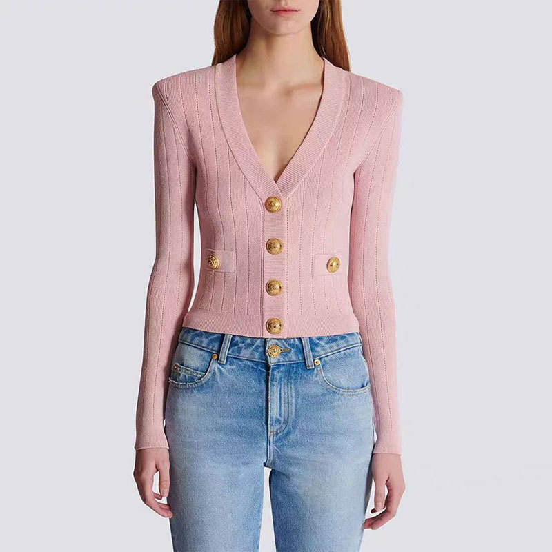 Spring and autumn knitted coat V-neck gold buckle cardigan