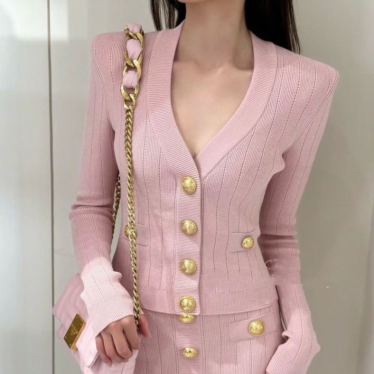 Spring and autumn knitted coat V-neck gold buckle cardigan