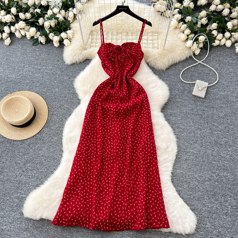 Floral sling Casual fold red retro vacation dress