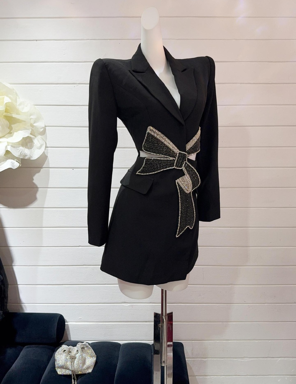 Long sleeve splice coat black bow business suit