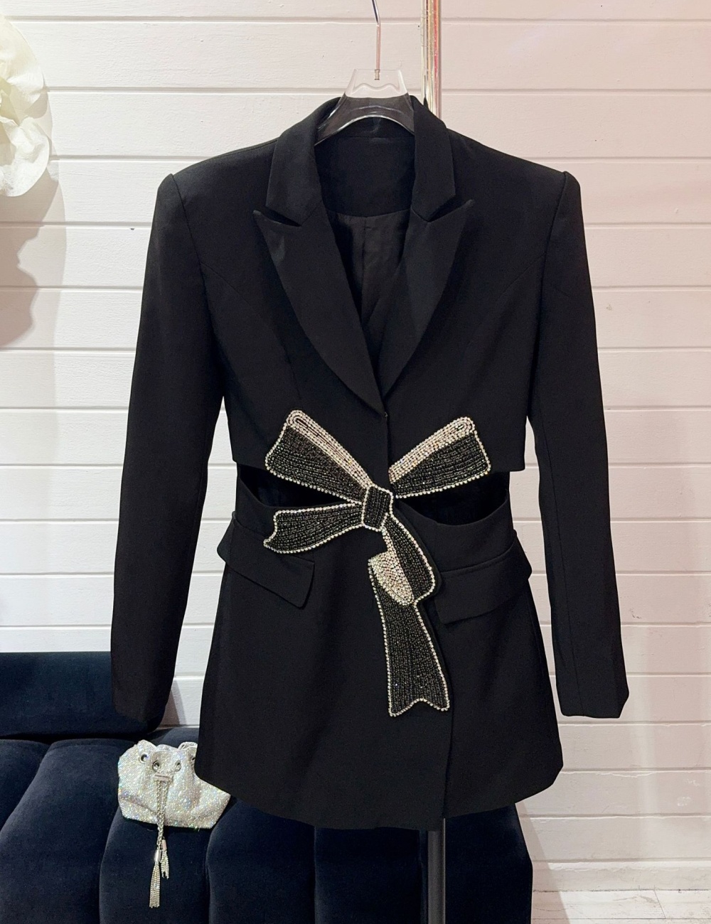 Long sleeve splice coat black bow business suit