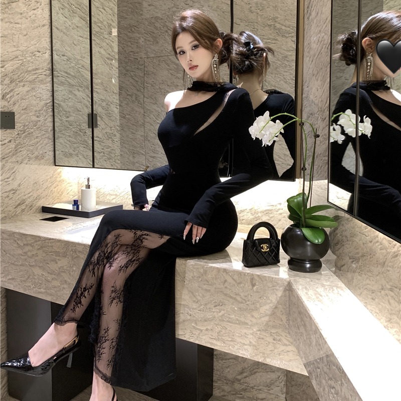 Temperament long sleeve dress banquet streamer long dress