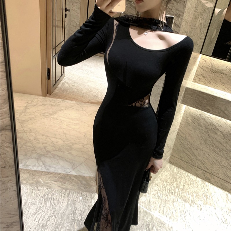 Temperament long sleeve dress banquet streamer long dress