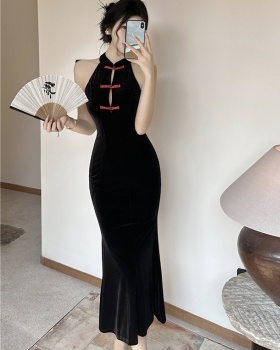 Slim retro long dress mermaid mixed colors dress