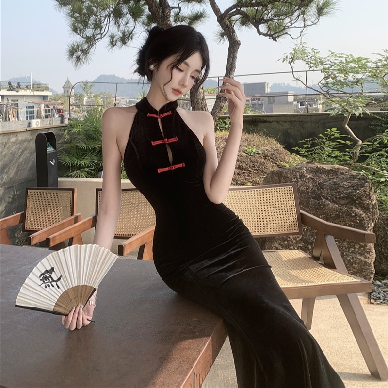 Slim retro long dress mermaid mixed colors dress