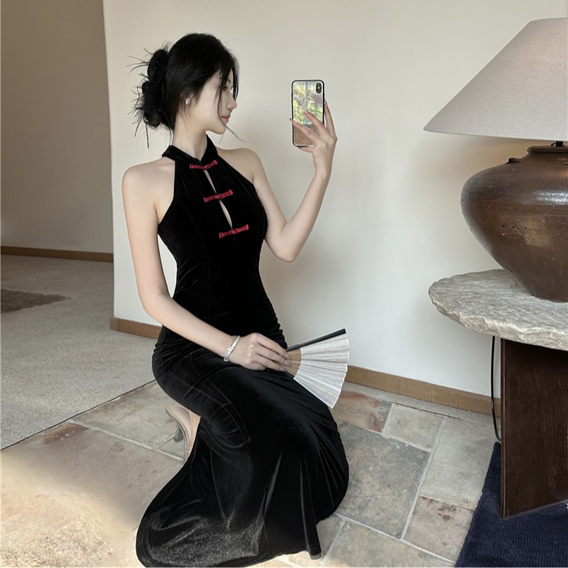 Slim retro long dress mermaid mixed colors dress