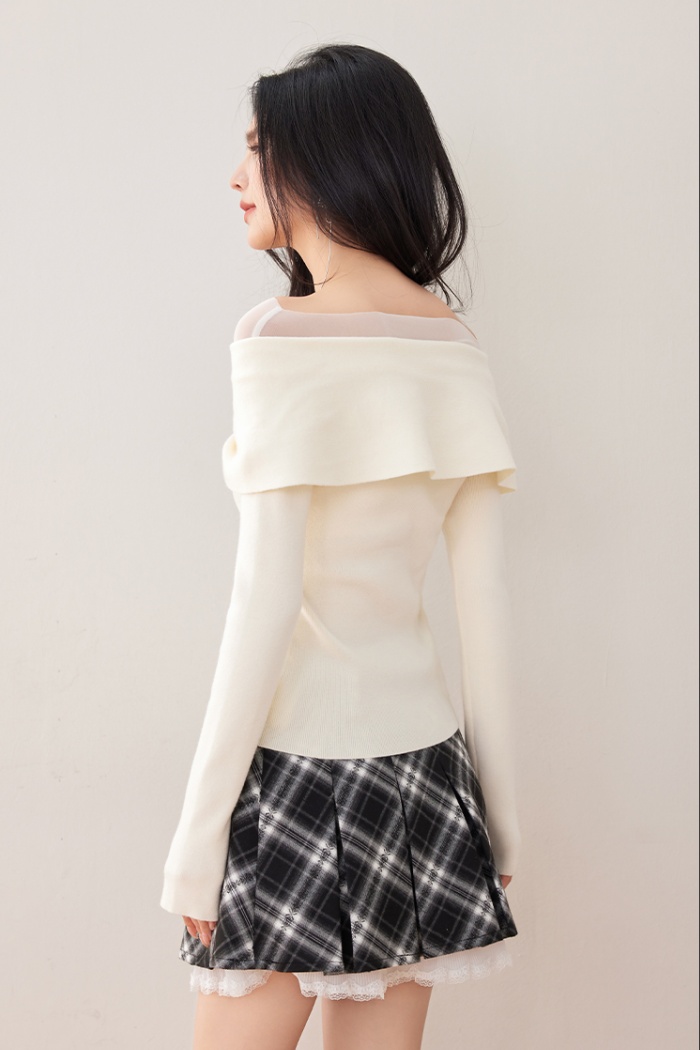 Sexy flat shoulder enticement sweater gauze splice pearl tops