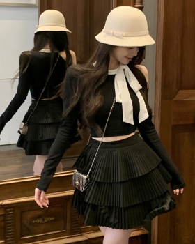 Cake pleated sweater bow skirt 2pcs set for women