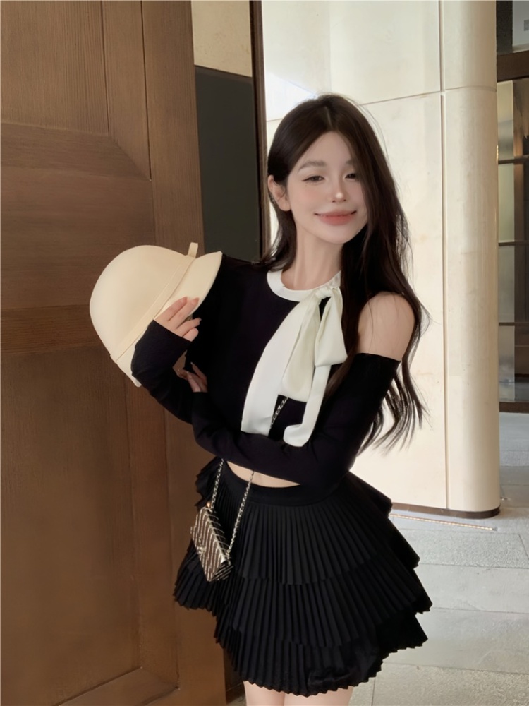 Cake pleated sweater bow skirt 2pcs set for women