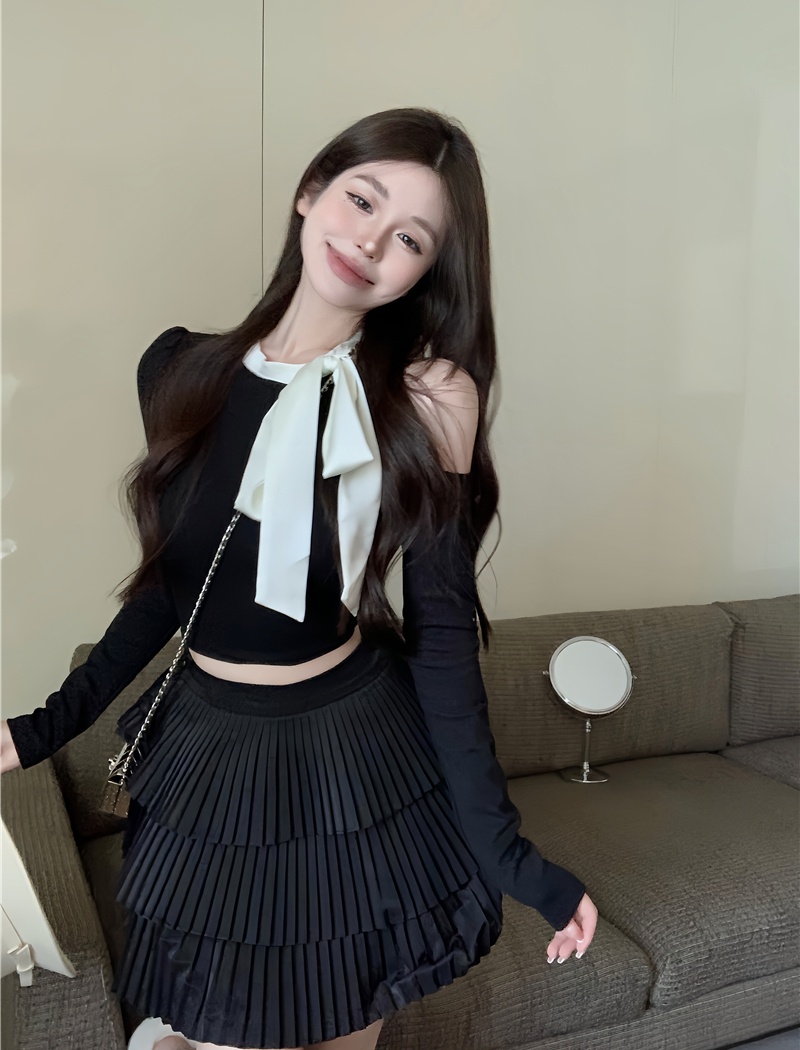 Cake pleated sweater bow skirt 2pcs set for women