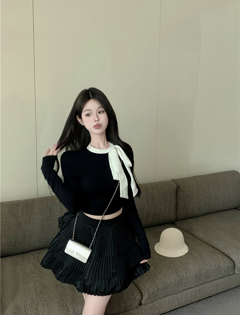 Cake pleated sweater bow skirt 2pcs set for women