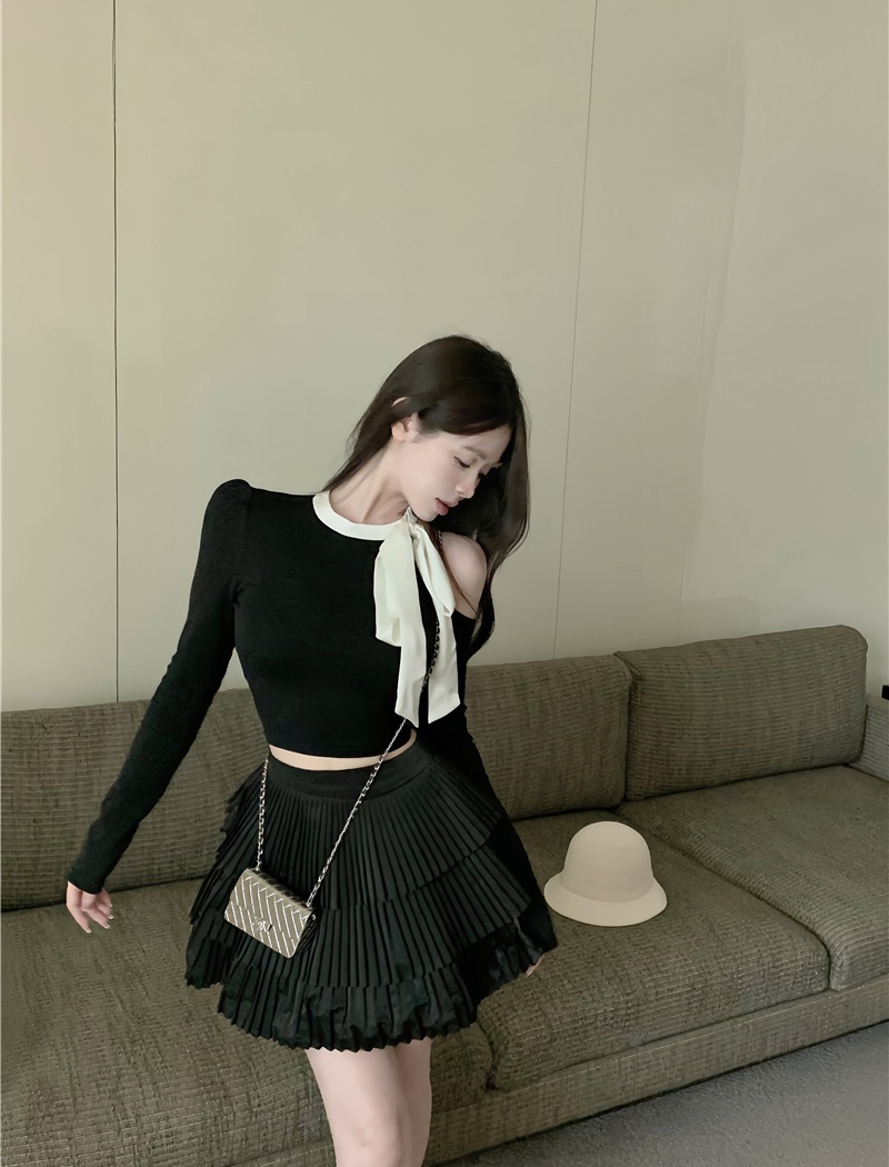 Cake pleated sweater bow skirt 2pcs set for women