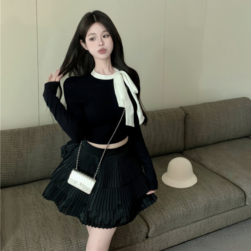 Cake pleated sweater bow skirt 2pcs set for women