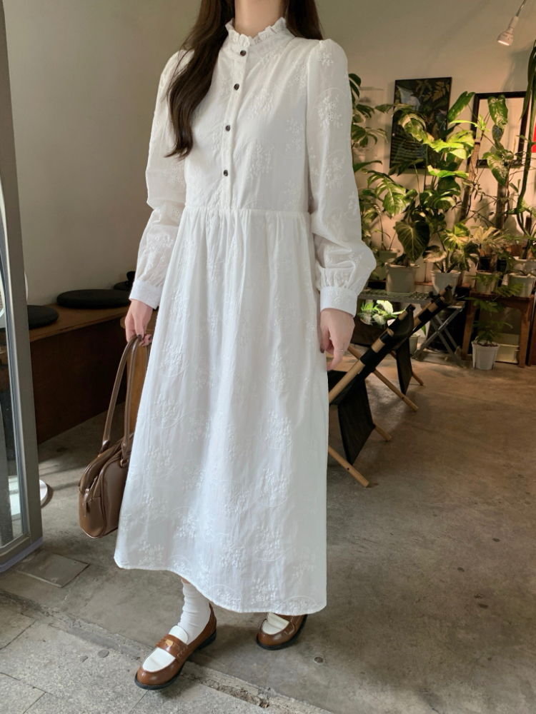 White spring dress temperament embroidery long dress for women