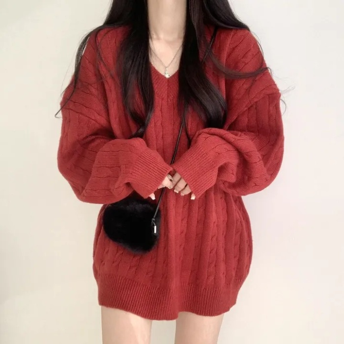 Long loose retro twist lazy all-match V-neck Korean style sweater