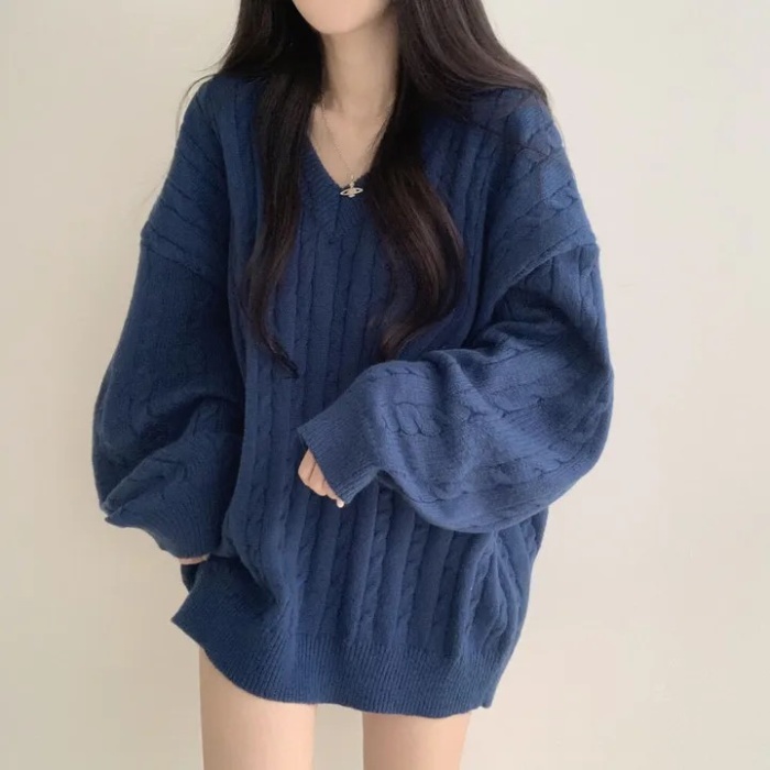 Long loose retro twist lazy all-match V-neck Korean style sweater