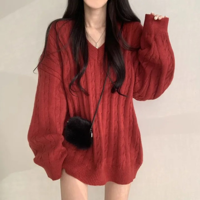 Long loose retro twist lazy all-match V-neck Korean style sweater