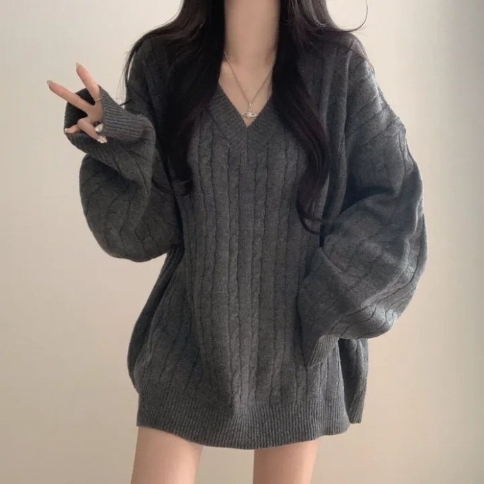 Long loose retro twist lazy all-match V-neck Korean style sweater