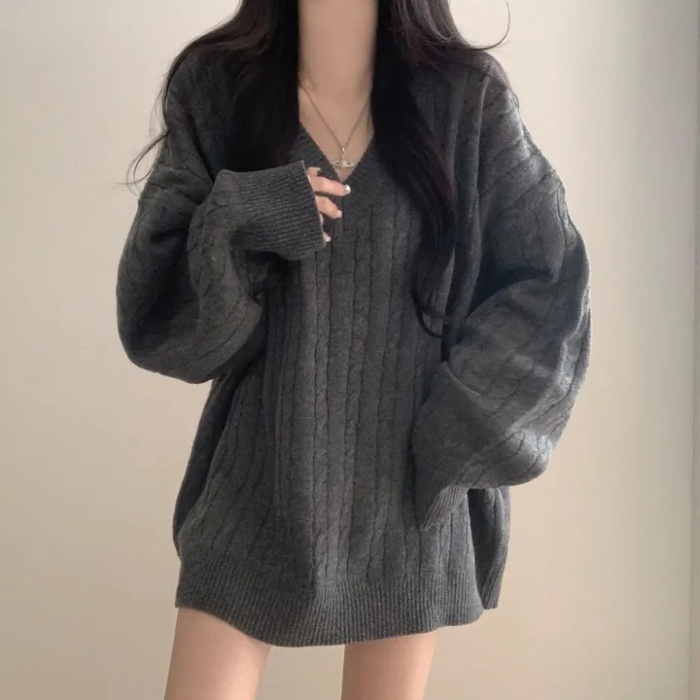 Long loose retro twist lazy all-match V-neck Korean style sweater