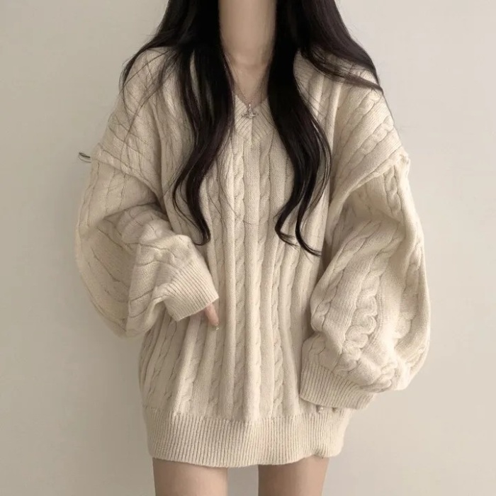 Long loose retro twist lazy all-match V-neck Korean style sweater