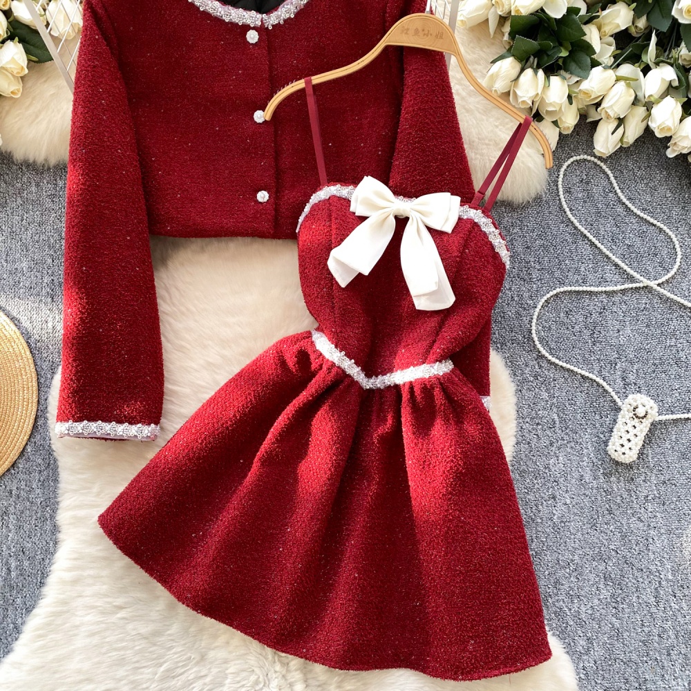 Corduroy chanelstyle dress bow jacket 2pcs set for women