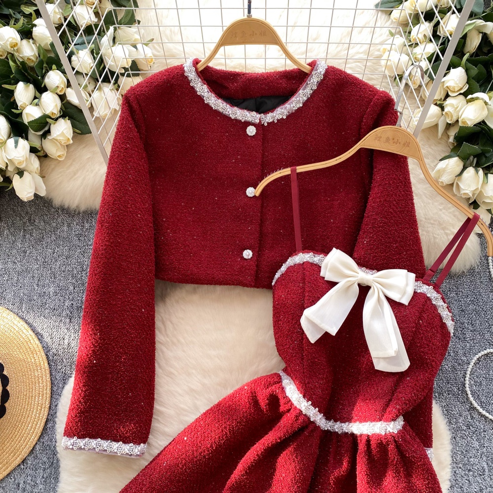 Corduroy chanelstyle dress bow jacket 2pcs set for women