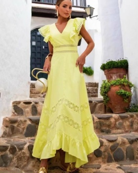 V-neck spring long dress splice yellow dress