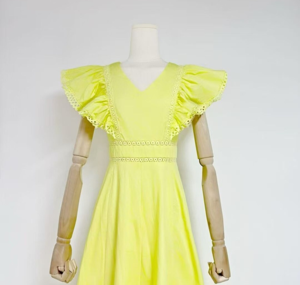 V-neck spring long dress splice yellow dress