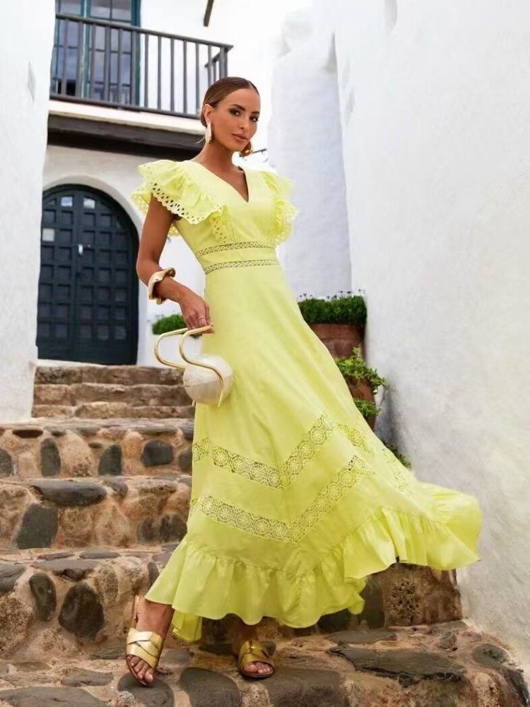 V-neck spring long dress splice yellow dress