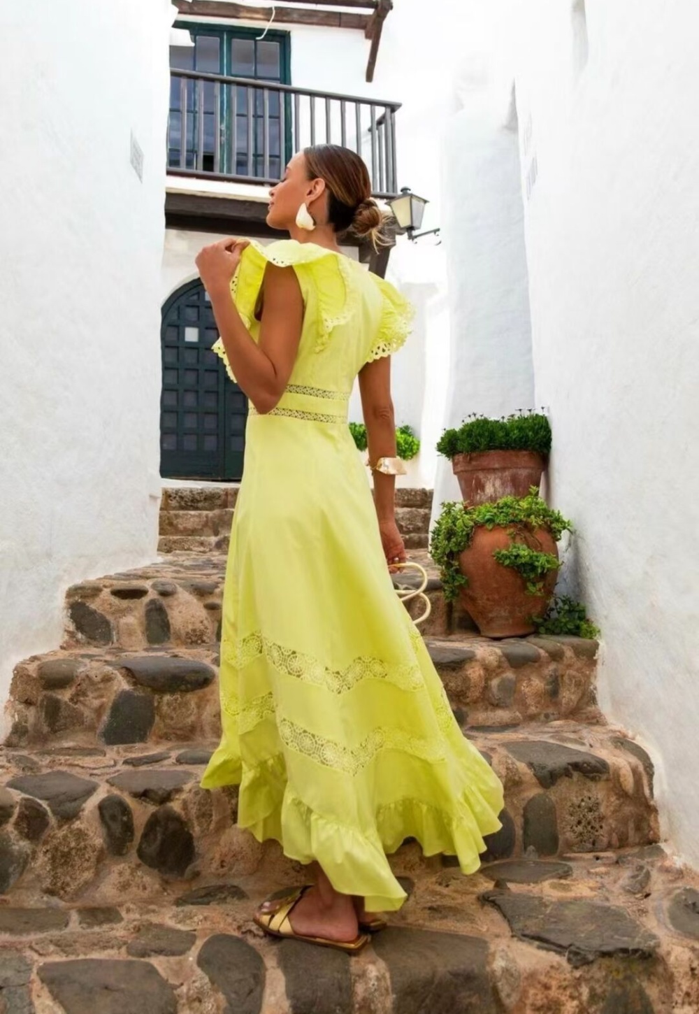 V-neck spring long dress splice yellow dress