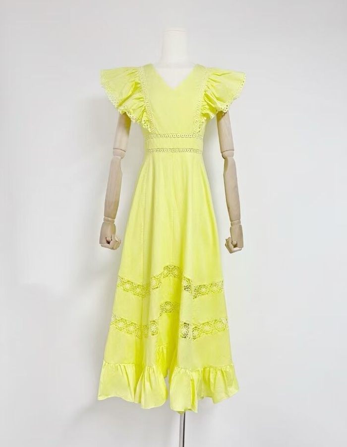 V-neck spring long dress splice yellow dress