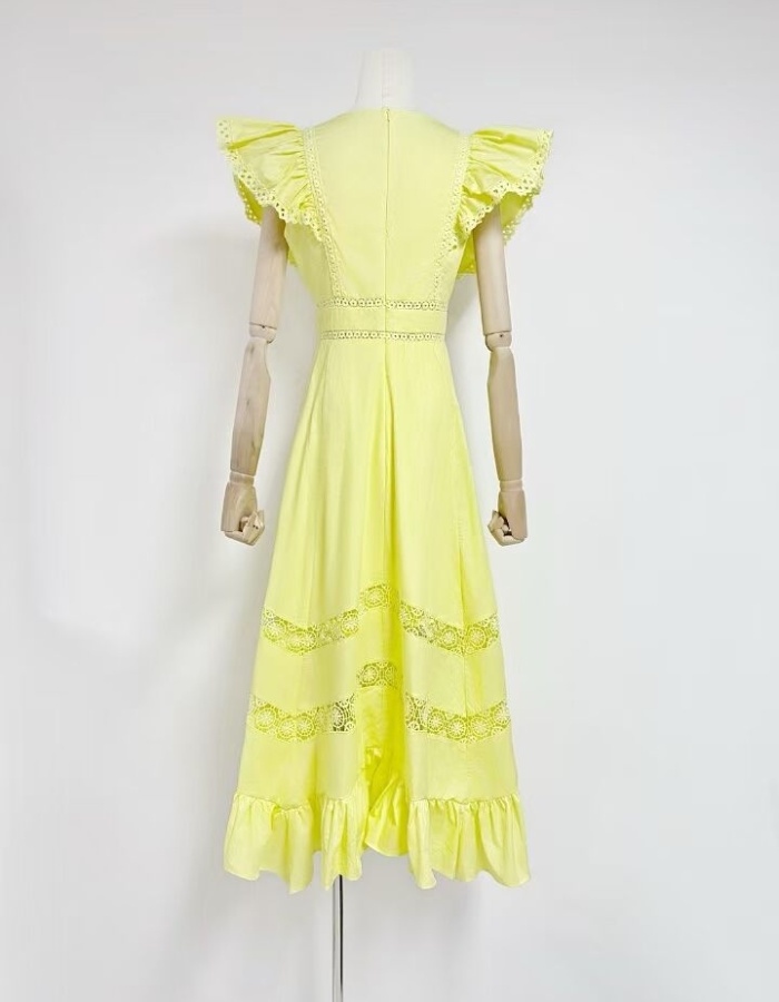 V-neck spring long dress splice yellow dress