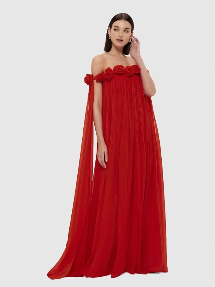 Flowers pleated long dress sexy horizontal collar dress