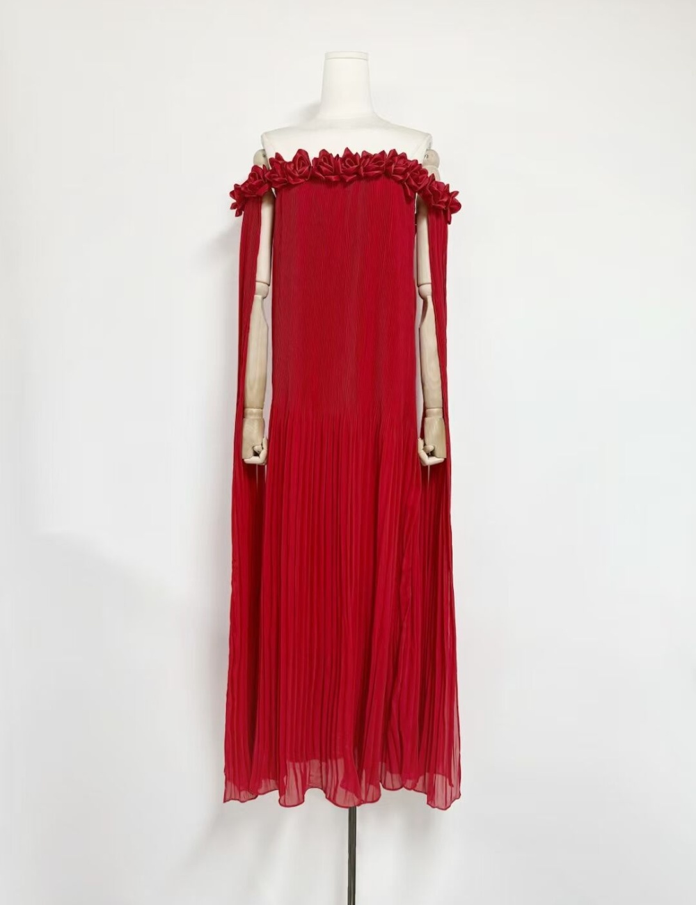 Flowers pleated long dress sexy horizontal collar dress