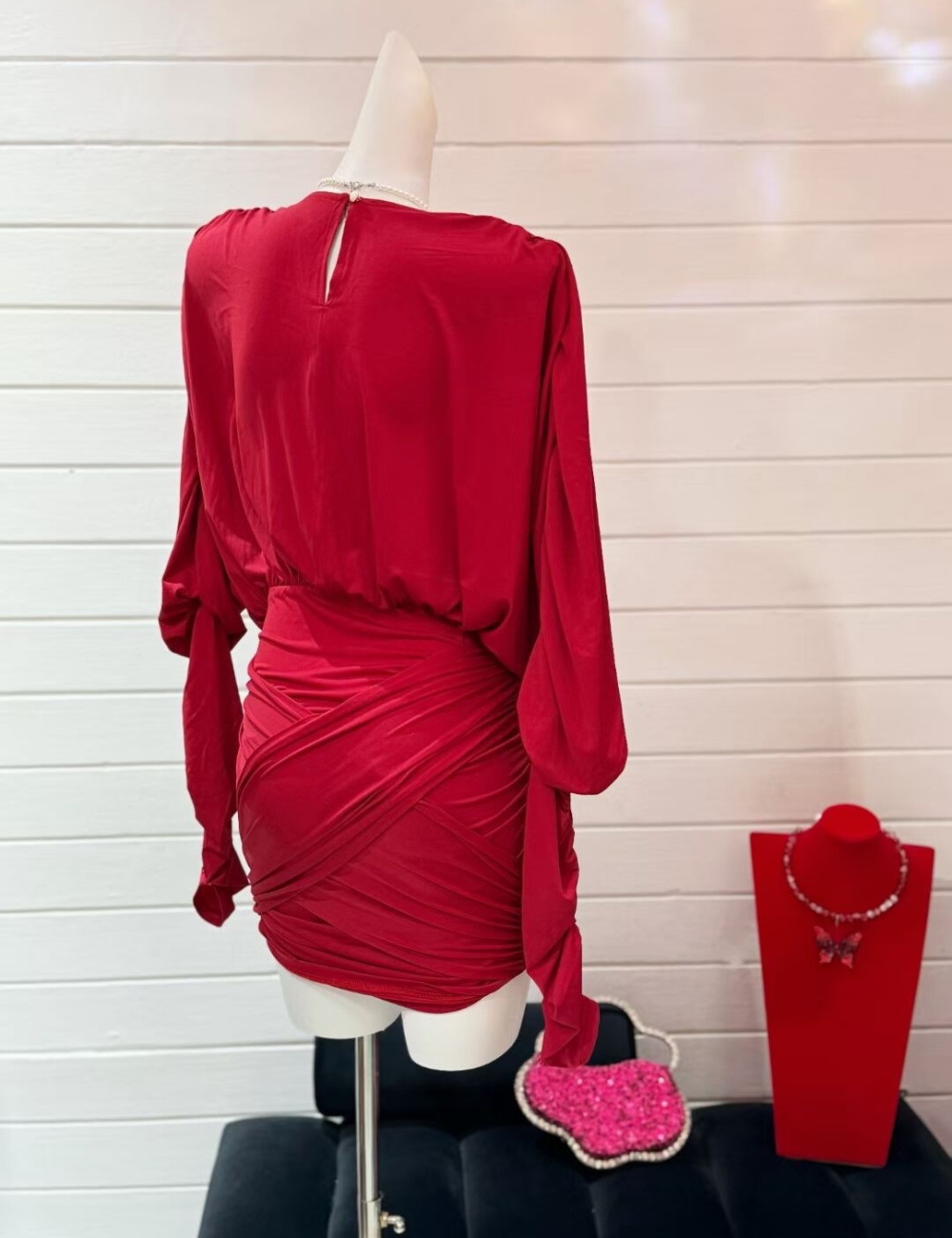 Red temperament package hip dress fold cross conjoined T-back