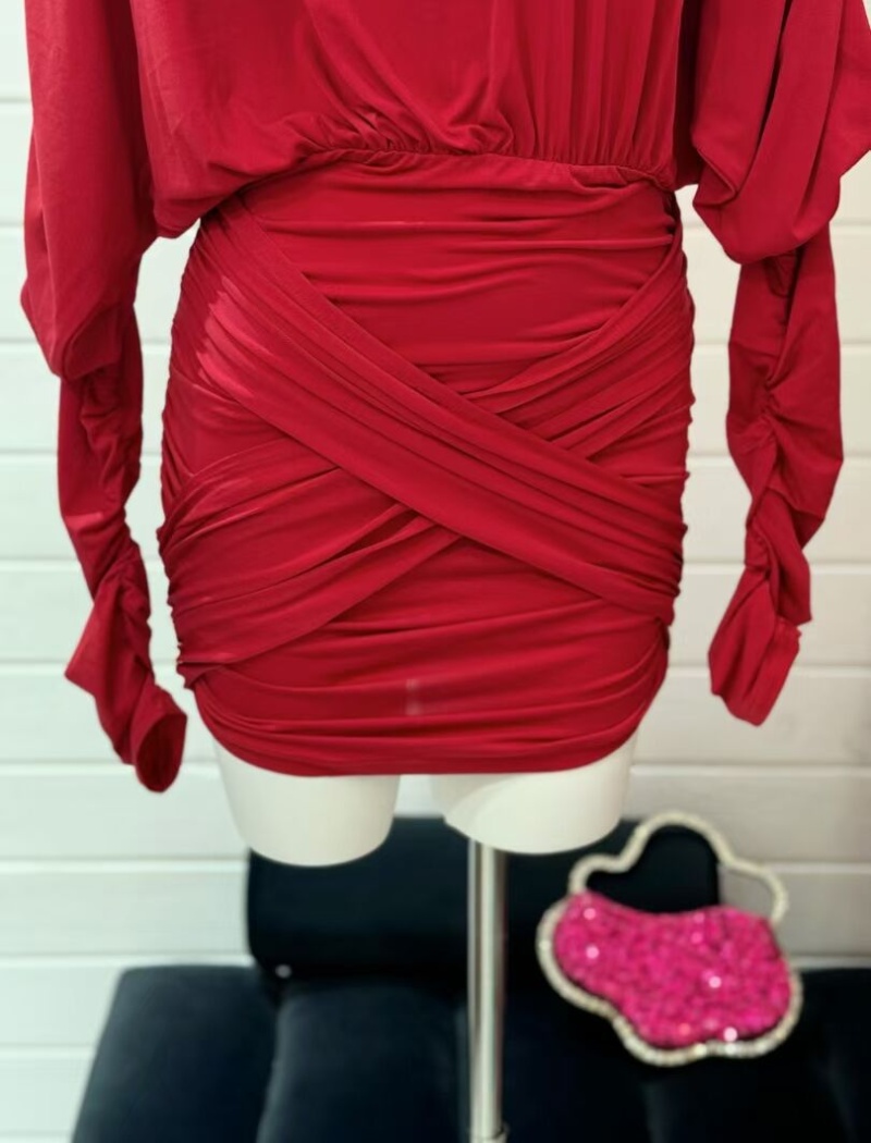 Red temperament package hip dress fold cross conjoined T-back