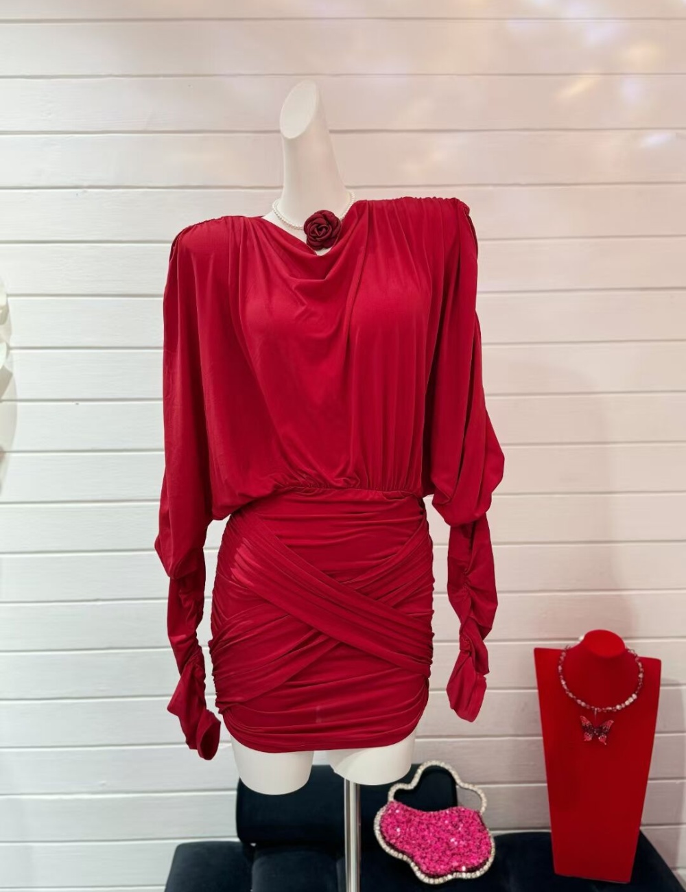 Red temperament package hip dress fold cross conjoined T-back